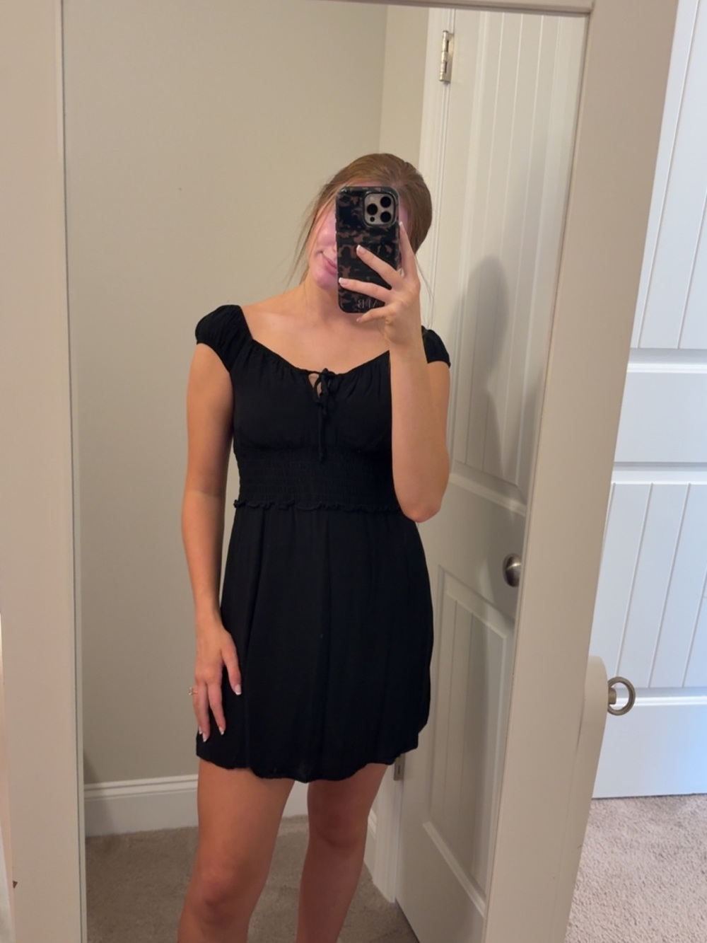 Trixxi Black Smocked Mini Dress with Tie-Front